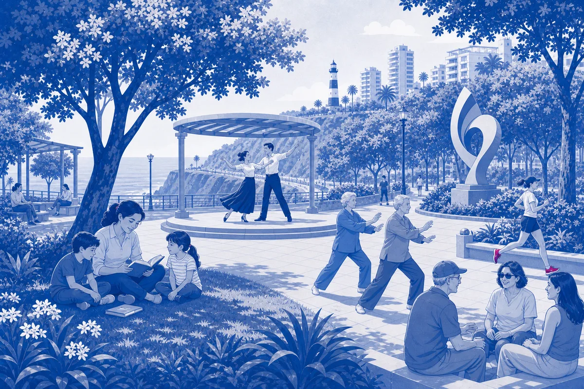 Vecinos leyendo, bailando, ejercitándose y descansando en un parque de Miraflores