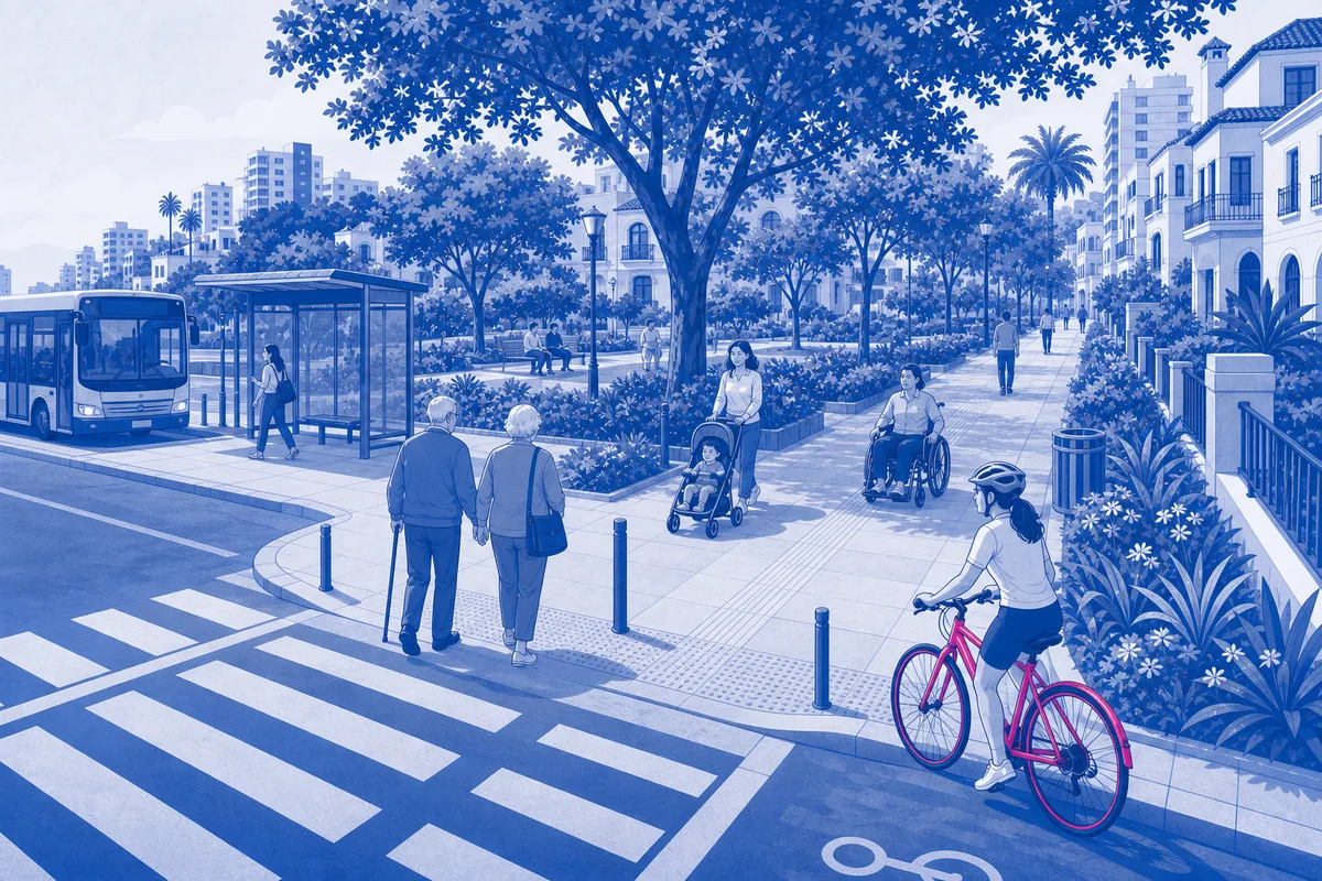 Ruta accesible con peatones, ciclista, transporte y áreas verdes en Miraflores